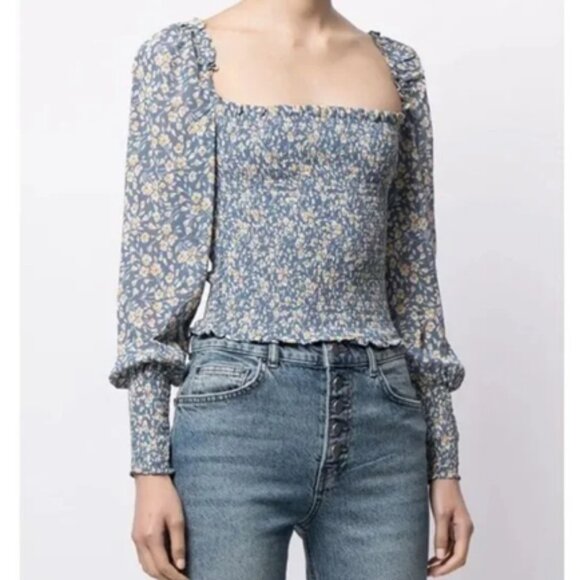 Reformation Pinto Smocked Puff Sleeve Floral Top in Wallflower - Picture 1 of 7